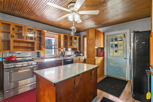 kitchen with stainless steel counters, a kitchen island, wood finished floors, appliances with stainless steel finishes, and ceiling fan