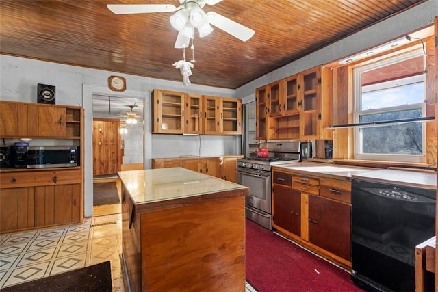 kitchen featuring a ceiling fan, open shelves, a kitchen island, appliances with stainless steel finishes, and wood ceiling