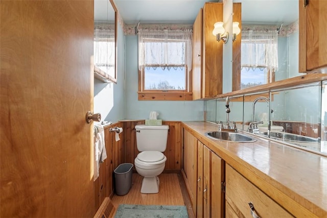 bathroom with toilet, vanity, and wood finished floors