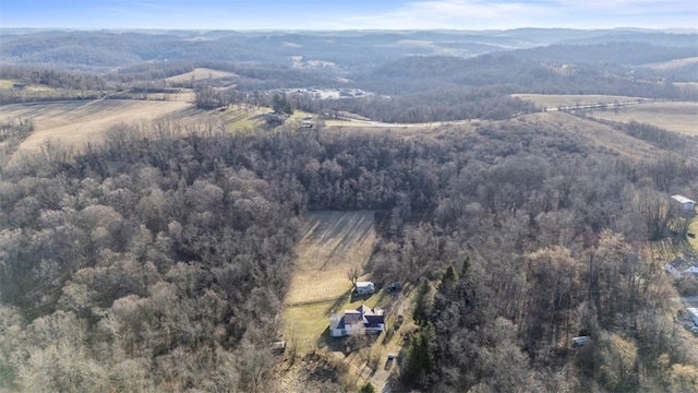 drone / aerial view with a mountain view and a view of trees