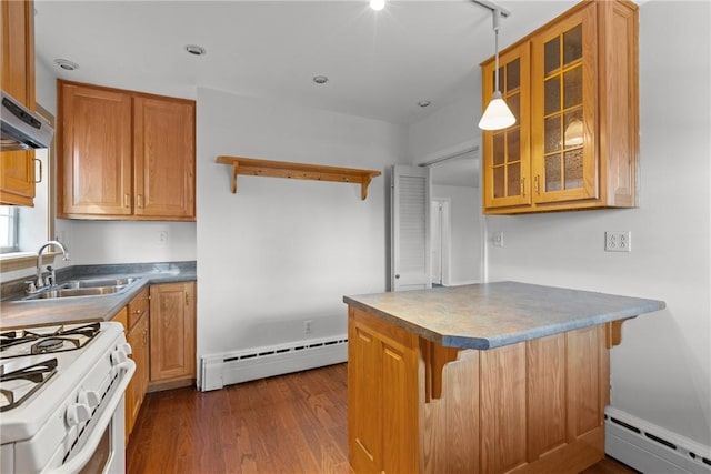 kitchen with a kitchen bar, open shelves, dark wood-style flooring, and baseboard heating