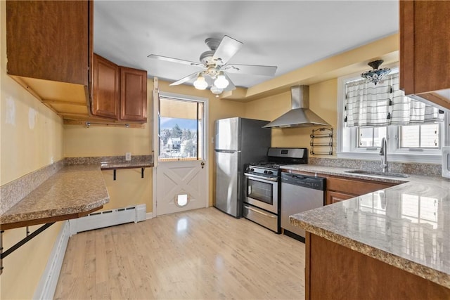 kitchen with wall chimney exhaust hood, brown cabinets, baseboard heating, and stainless steel appliances