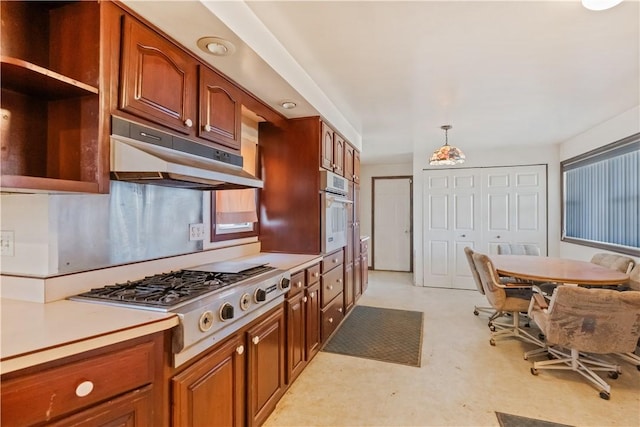 kitchen featuring oven, under cabinet range hood, light countertops, stainless steel gas stovetop, and open shelves