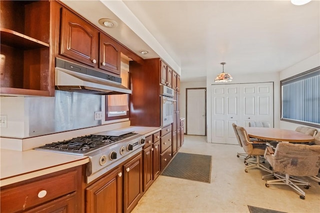 884 Linden Rd, North Strabane, PA 15330 - kitchen with appliances with stainless steel finishes, under cabinet range hood, light countertops, open shelves, and brown cabinets
