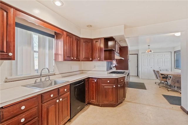 kitchen with a sink, under cabinet range hood, dishwasher, light countertops, and open shelves