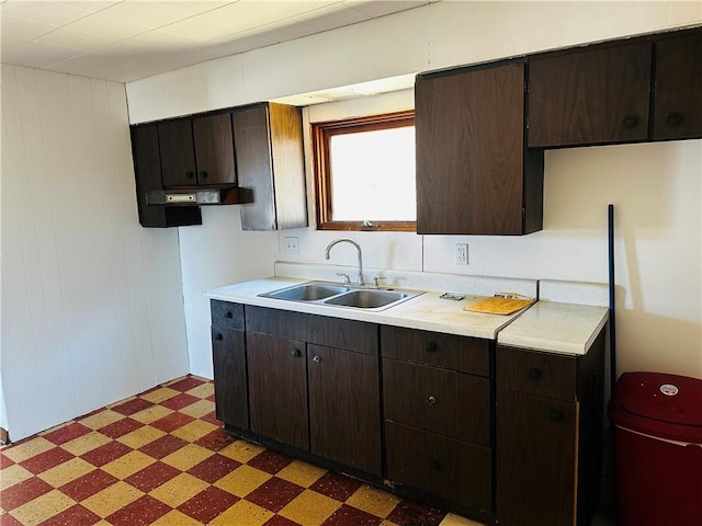 kitchen with dark brown cabinetry, a sink, light countertops, and dark floors