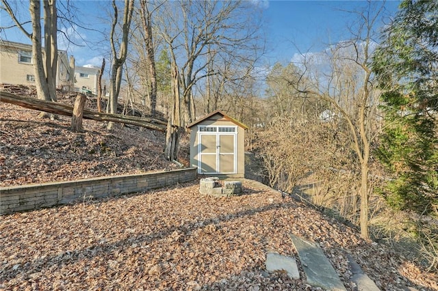 view of yard featuring an outbuilding and a storage unit