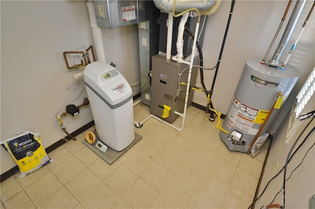 utility room with heating unit and gas water heater