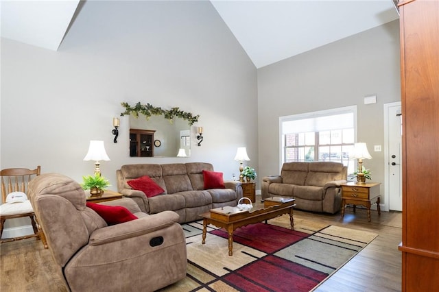 living area featuring light wood finished floors and high vaulted ceiling