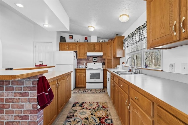 kitchen featuring under cabinet range hood, white appliances, light countertops, and a sink