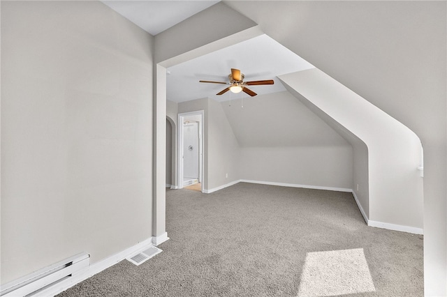 bonus room with a ceiling fan, visible vents, carpet floors, baseboards, and a baseboard heating unit