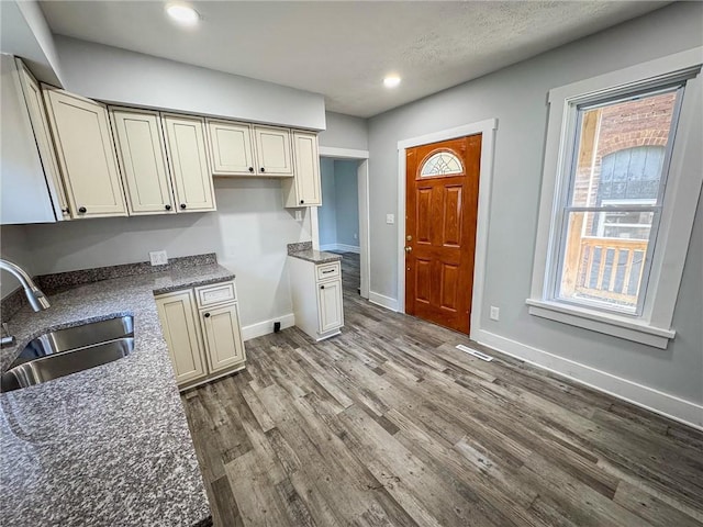 kitchen with a sink, baseboards, recessed lighting, and dark wood-style flooring