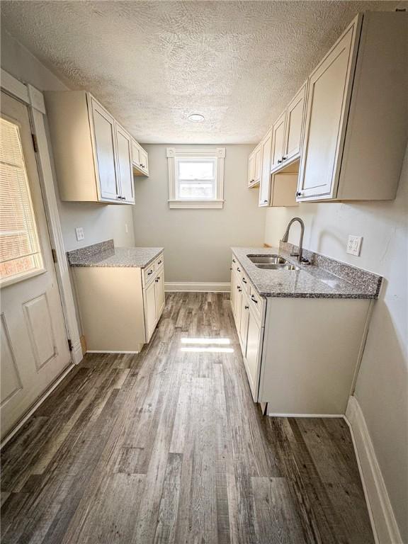 kitchen with wood finished floors, baseboards, and a sink