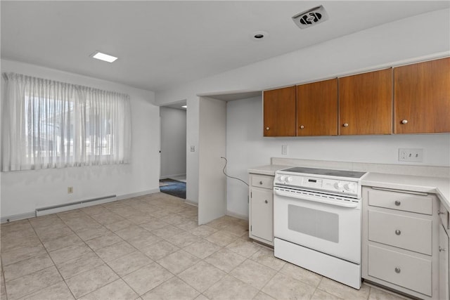 kitchen featuring white range with electric stovetop, brown cabinetry, light countertops, and a baseboard heating unit