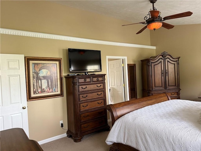 bedroom with baseboards, light carpet, and ceiling fan