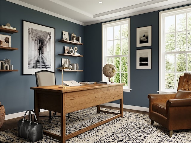 office space featuring a healthy amount of sunlight, light wood-style floors, and ornamental molding