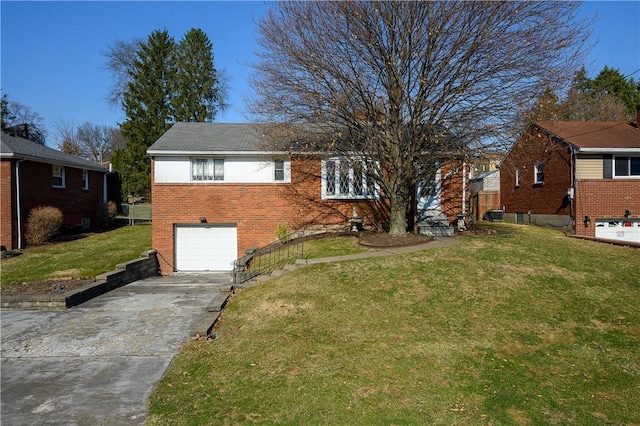 ranch-style home with concrete driveway, a garage, brick siding, and a front lawn