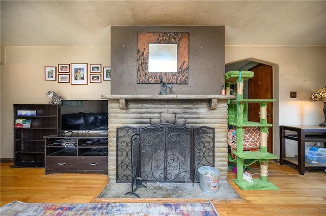 living area with a fireplace with flush hearth and wood finished floors