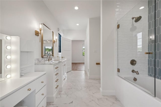 full bath with vanity, washtub / shower combination, baseboards, recessed lighting, and marble finish floor