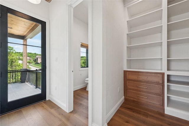 entryway with baseboards and dark wood-style flooring