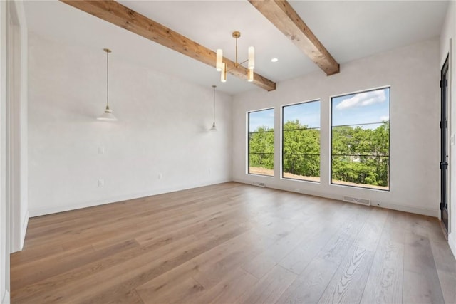 empty room featuring light wood-type flooring, beam ceiling, baseboards, and visible vents