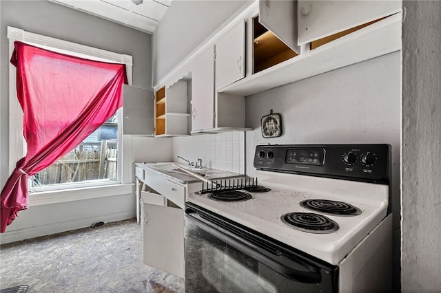 kitchen with baseboards, electric range, a sink, white cabinetry, and tasteful backsplash