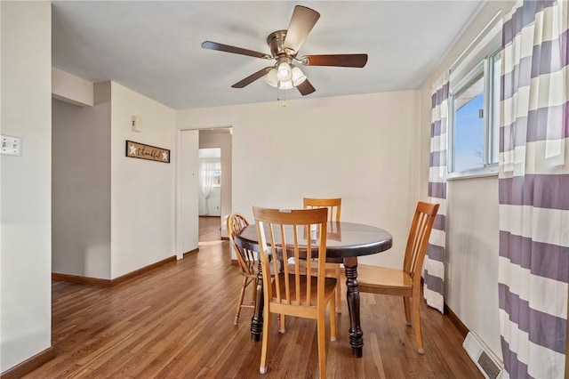 dining room featuring visible vents, baseboards, a ceiling fan, and wood finished floors