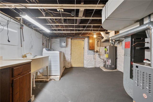 unfinished basement with electric panel, gas water heater, and separate washer and dryer