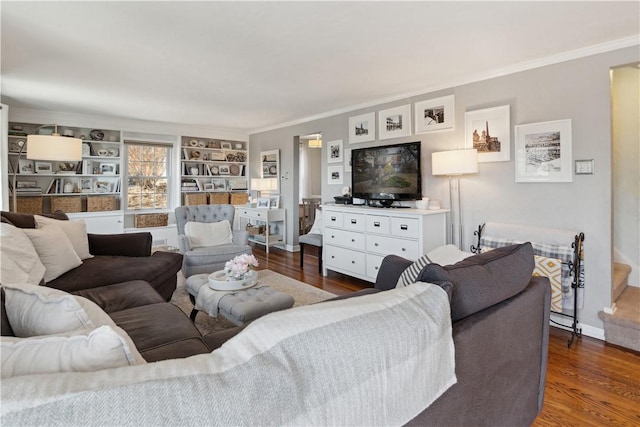 living area featuring dark wood-style floors and ornamental molding