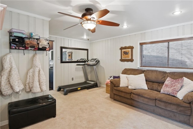 exercise area featuring recessed lighting, a ceiling fan, carpet, and crown molding