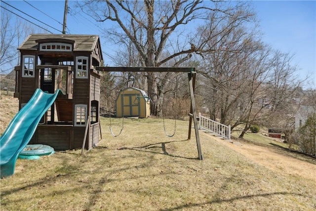 view of jungle gym with an outbuilding and a shed