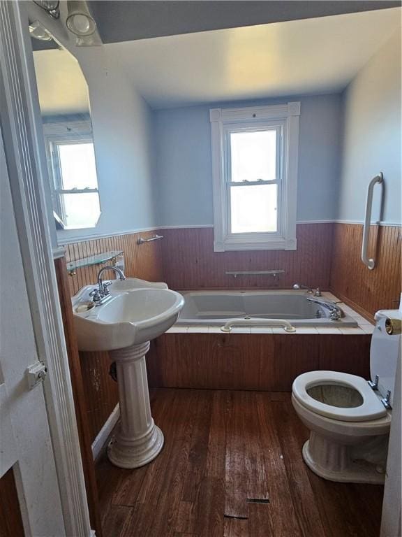 full bathroom with a wainscoted wall, a healthy amount of sunlight, wood finished floors, and a bath