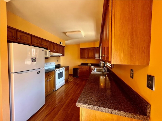 kitchen with a sink, white appliances, under cabinet range hood, and dark wood-style flooring