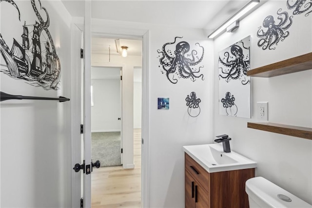 bathroom with toilet, vanity, and wood finished floors