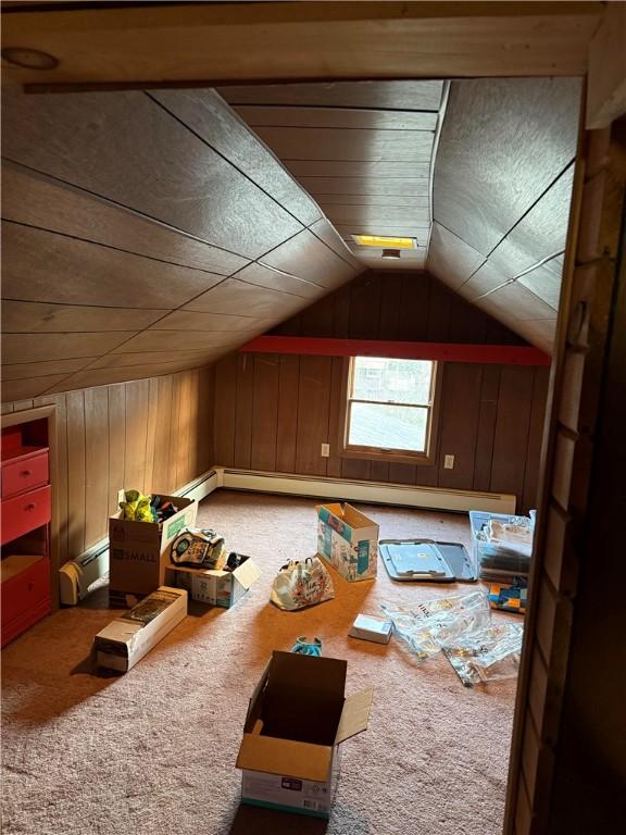 additional living space featuring lofted ceiling, wooden walls, and carpet