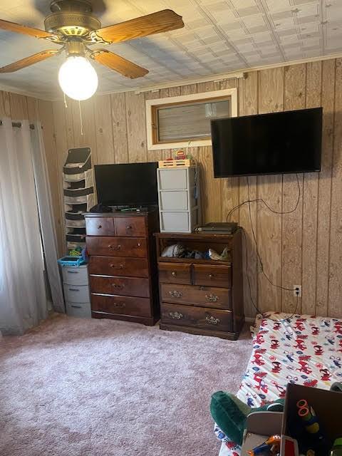 1602 Ross Hill Rd, Patterson Twp, PA 15010 - bedroom with carpet flooring, wooden walls, a closet, and a ceiling fan