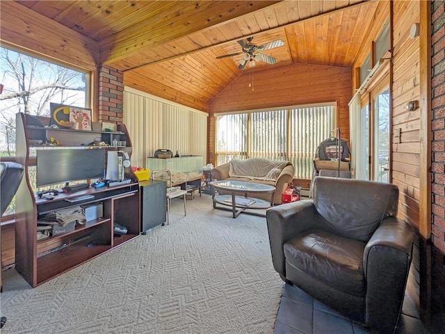1602 Ross Hill Rd, Patterson Twp, PA 15010 - interior space featuring wood ceiling, wood walls, ceiling fan, and lofted ceiling
