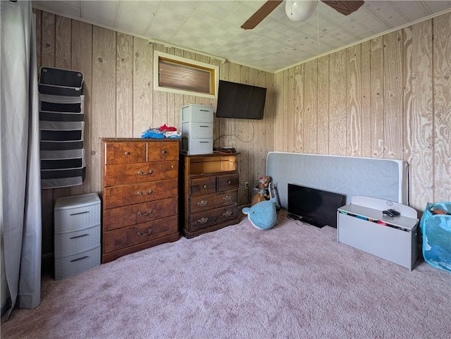 1602 Ross Hill Rd, Patterson Twp, PA 15010 - bedroom with crown molding, wood walls, a ceiling fan, and carpet