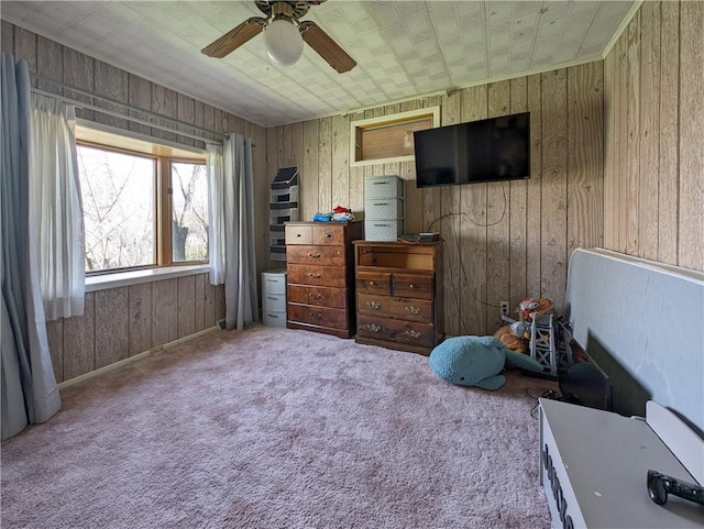 1602 Ross Hill Rd, Patterson Twp, PA 15010 - bedroom featuring wood walls, a ceiling fan, and carpet floors