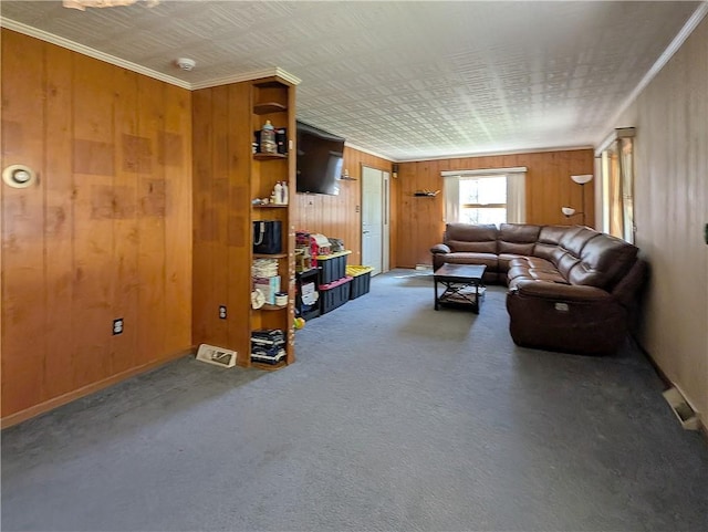 1602 Ross Hill Rd, Patterson Twp, PA 15010 - living room featuring crown molding, wood walls, and carpet flooring