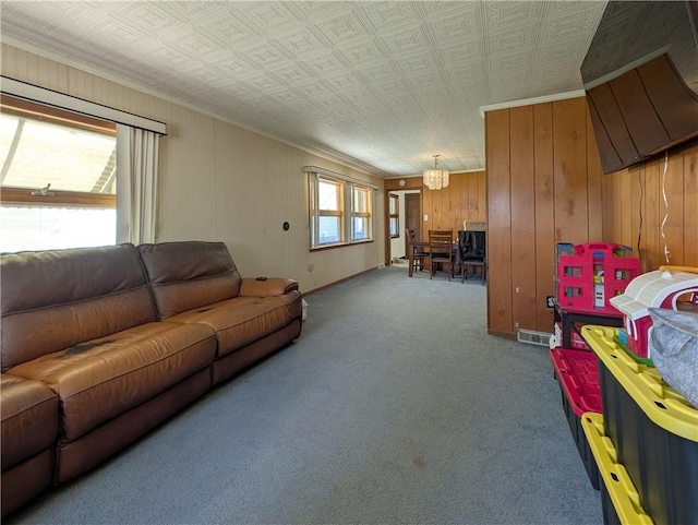 1602 Ross Hill Rd, Patterson Twp, PA 15010 - carpeted living area featuring wood walls and ornamental molding
