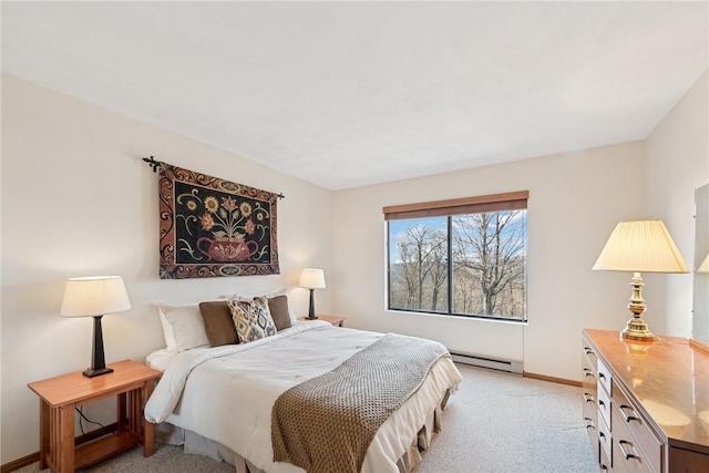 bedroom with light carpet, baseboards, and a baseboard radiator