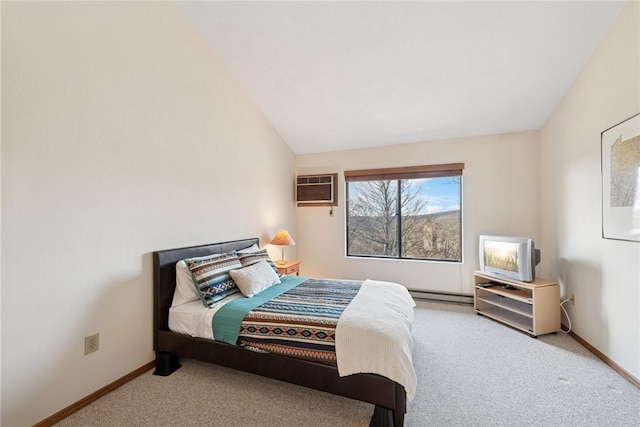 carpeted bedroom featuring lofted ceiling, baseboards, a wall mounted air conditioner, and a baseboard radiator