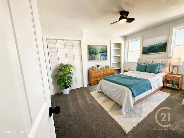 bedroom featuring a ceiling fan and carpet floors