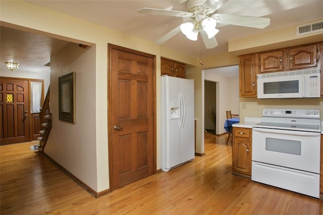 kitchen featuring light wood-type flooring, visible vents, white appliances, brown cabinetry, and ceiling fan