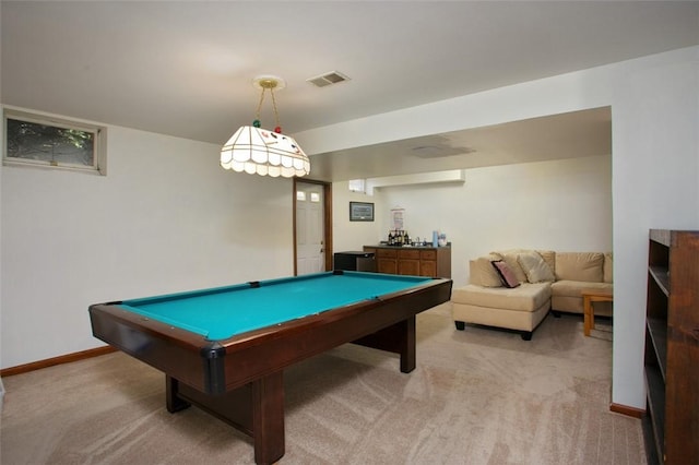 recreation room featuring billiards, light colored carpet, visible vents, and baseboards