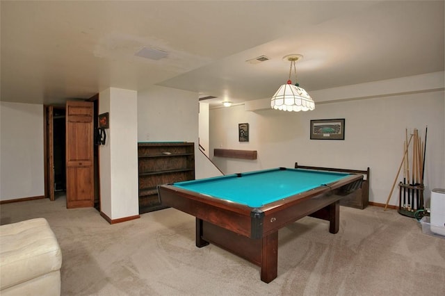 game room with baseboards, light carpet, visible vents, and pool table