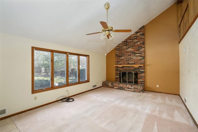 unfurnished living room featuring baseboards, carpet floors, high vaulted ceiling, and a ceiling fan