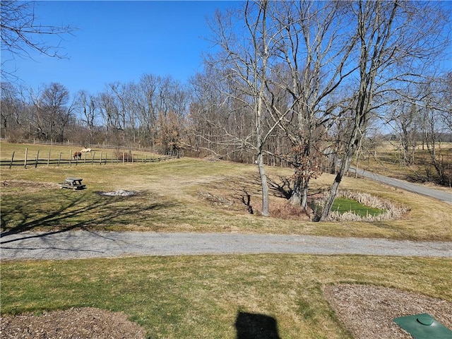 view of yard with a rural view and fence