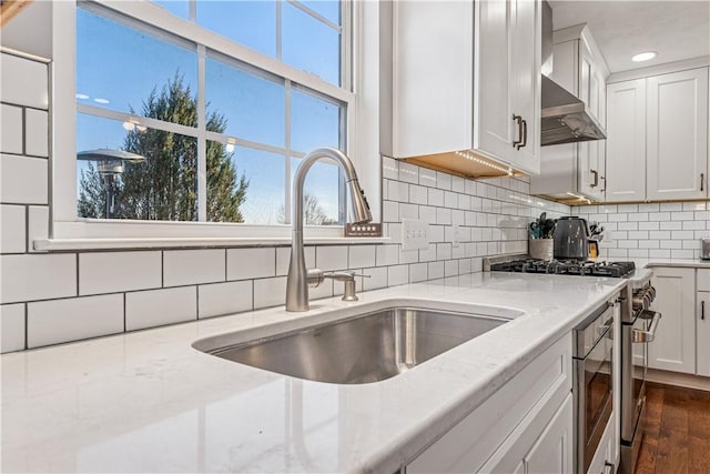 kitchen featuring dark wood-type flooring, a sink, high end stainless steel range oven, tasteful backsplash, and light stone countertops